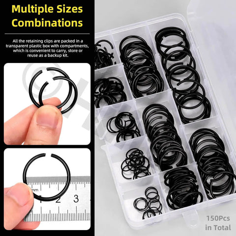 Precision 150Pcs Round Wire C Clips Set In 10 Sizes M10 To M26 GB8952 Retainer Clips Kit Black Internal Snap Rings shown in box