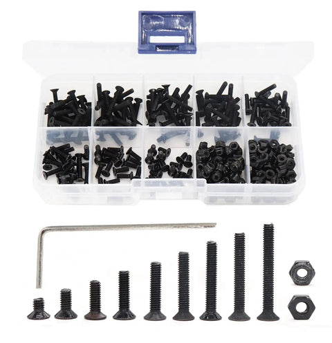 340 Piece M2.5 Black Countersunk Socket Cap Screws And Nylon Lock Nuts And Hex Nuts Kit displayed in storage box