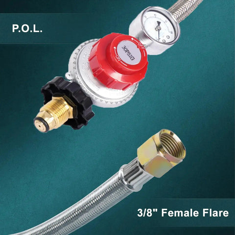 High Flow Propane Regulator With 12ft Braided Hose And Gauge For Forge Fire Pit And Outdoor Cooking GasPro Compatible, showing POL fitting and 3/8" female flare