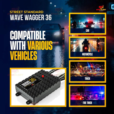 Wig Wag 36 Pattern Wave Wagger Headlights Module with compatibility for cars, motorcycles, trucks, and fire trucks on wet street.