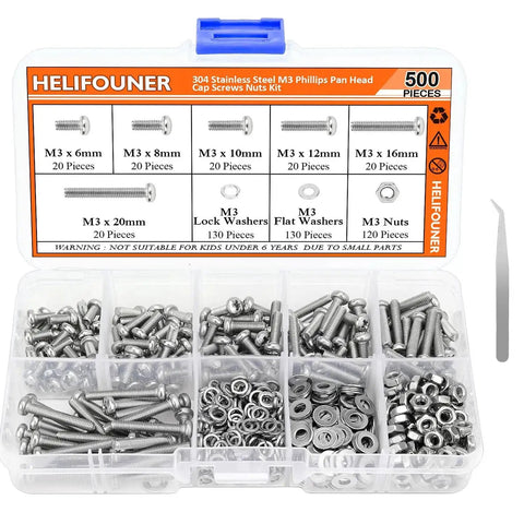 M3 Metric Phillips Pan Head Machine Screws Kit In Six Sizes 6mm 8mm 10mm 12mm 16mm 20mm With Hex Nuts Lock Washers Flat Washers 304 Stainless Steel For DIY Projects Built Tough shown in a transparent box with label.