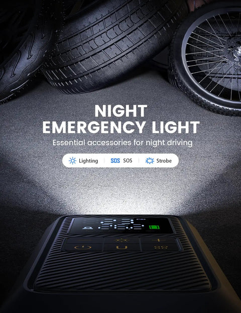 Fast Tire Inflator Portable Air Pump With Digital Gauge And LED Light 150 PSI Electric Tire Pump For Car And Motorcycle 5x Faster Inflation showing digital interface and night light feature.