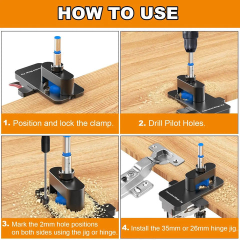 Steps for using all metal jig with carbide tipped 26mm and 35mm bits for precise hinge cup drilling and mounting