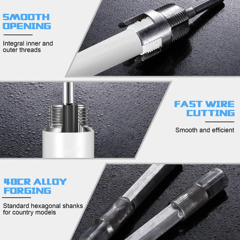 Pro Grade All In One Pipe Thread Cutting Tool With Integrated Internal And External Threading PVC PPR MPP Tubing Electric Drill Compatible Threader Kit close-up showing threading process and materials.