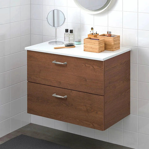 Wooden bathroom cabinet with 10 Pack Brushed Satin Nickel Cabinet Pulls With 3 Inch Hole Centers Solid Handles For Cabinets Drawers And Closets installed