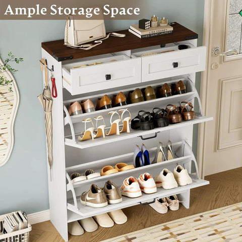 Front view of a white Farmhouse Narrow Shoe Cabinet With Odor Control Deodorizer 2 Flip Drawers, top shelves, and side hooks in an entryway.