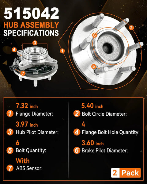 Specifications for 2 Pack Front Wheel Bearing Hub Assembly 515042 Fits Ford Expedition 2003 To 2006 And Lincoln Navigator 2003 To 2006 2WD 6 Lug Direct Fit Replacement Premium Aftermarket Upgrade