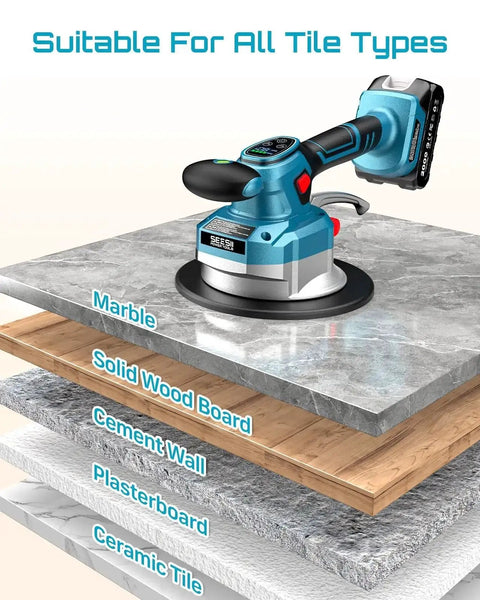 Tile Vibration Tool With 145mm Suction Cup, 10 Speed Vibration Leveler displayed on various surfaces including marble and ceramic.