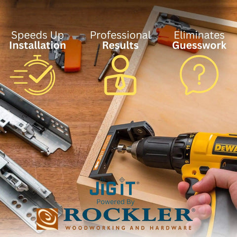 Undermount Drawer Slide Drill Guide For Blum Tandem And Drawer Slides A Pro Grade Must Have DIY Woodworking Tool Kit With Durable ABS Plastic Angle Guide And Steel Inserts Includes Drill Bits Collars And More shown with a yellow drill and drawer slide components.