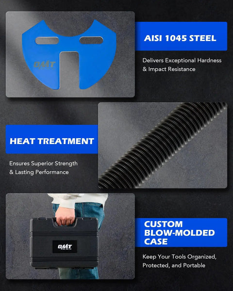 Wheel Hub Removal Tool Kit for Cars and Trucks with remover plate, forcing screw, and carrying case details shown in close-up