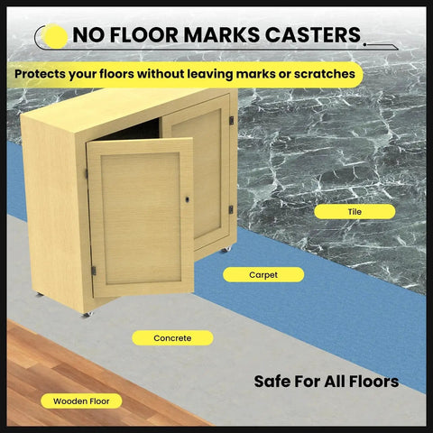 Furniture with eight half inch mini fixed caster wheels, low profile non swivel castors for cabinets on varied floor types.