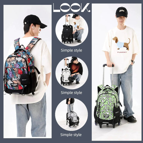 Rolling Backpack for Boys With Wheels Classic Trolley School Bag featuring colorful pattern and green design shown being worn and pulled.