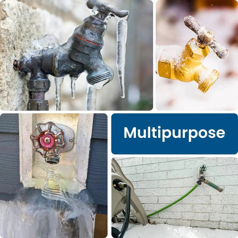 Various water faucets with ice, demonstrating multipurpose use in winter conditions.
