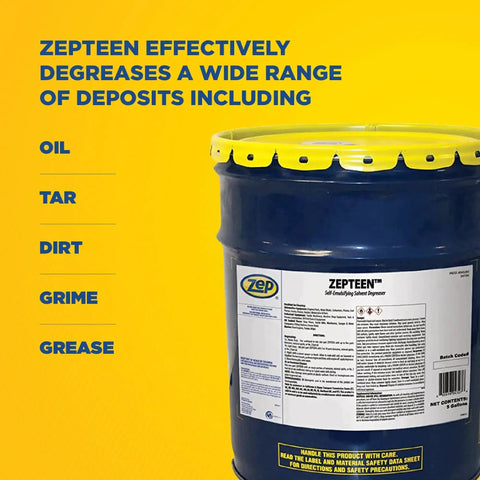 Front view of 5-gallon container of Self Emulsifying Solvent Degreaser For Heavy Grease And Grime Cleanup on yellow background.