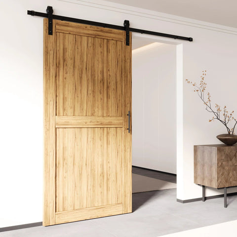 Black Rustic Non-Bypass Sliding Barn Door Hardware Kit For One Door, 10ft flat track, installed on wood door, interior view
