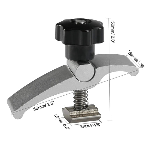Single Mini T-Track Hold Down Clamp for CNC, side view with dimensions, part of 2 Pack Mini T Track Hold Down Clamps For CNC Routers Built For Desktop Woodworking And Metalworking On 3018 Series Machines That Play Nice With 3018 Pro 3018 ProVer And MX3 2.57 Inch Long By 0.79 Inch Wide By 1.97 Inch High.