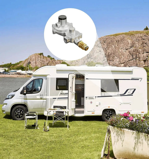 Dual Stage Heavy Duty Propane Regulator With POL for RV parked near lake with outdoor chairs set up