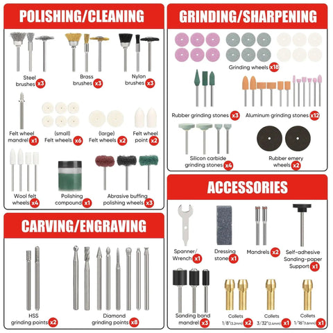 All In One 618 Piece Rotary Tool Accessory Kit For Dremel And Universal Fitment With Portable Case, includes tools for polishing, grinding, engraving, and more.