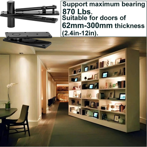 Beefy Hidden Door Hinge Heavy Duty 870 Lbs Load Bearing With Thick Solid Steel Frame 360 Degree Swivel Pivot installed in bookcase