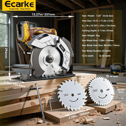 Cordless Circular Saw Seven And A Quarter Inch With Laser Guide, Brushless Motor, Five Thousand RPM, Bare Tool shown on workbench with 24T and 40T blades