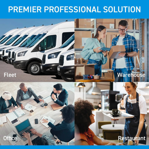 Collage of fleet vehicles, warehouse workers, office meeting, and restaurant server labeled as 'Premier Professional Solution'