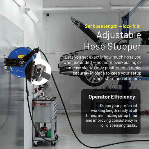 Retractable Oil Hose Reel One Half Inch By Fifty Feet Premium Steel Construction mounted in garage service bay