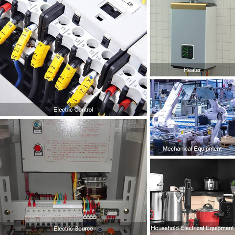 Two-way porcelain ceramic terminal blocks, 25A 380V, 5-piece set, in an electric control panel with yellow wire ferrules.