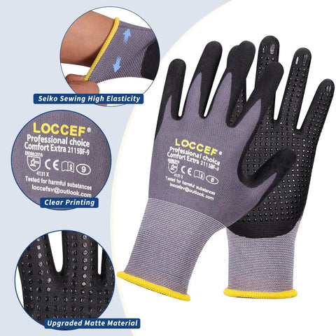 MicroFoam Nitrile Coated Work Gloves With Dot Grip For Dexterity 6 Pairs showing dot grip pattern and branding