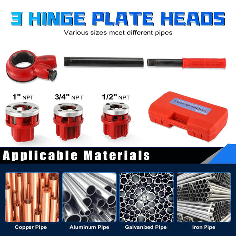 Ratcheting Pipe Threader Kit Pro Grade With 3 NPT Dies One Half Inch Three Quarters Inch One Inch Manual Threading Tool Set Cast Iron