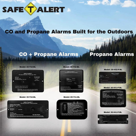 Propane Gas Alarms and CO Alarms displayed with model numbers for RVs and outdoor use across a scenic highway backdrop.