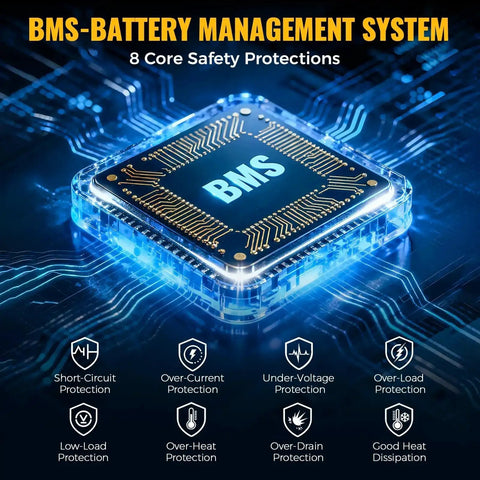 BMS system for DeWALT 20V Battery Compatible 200W Power Inverter, showcasing 8 safety protections: Short-Circuit, Over-Current, and more.