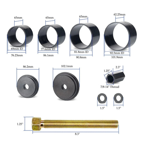 Components of 25 Piece Master Front Wheel Drive Bearing Puller Removal And Installer Adapter Kit with 7/8 inch Grade 8 Drive Bolt