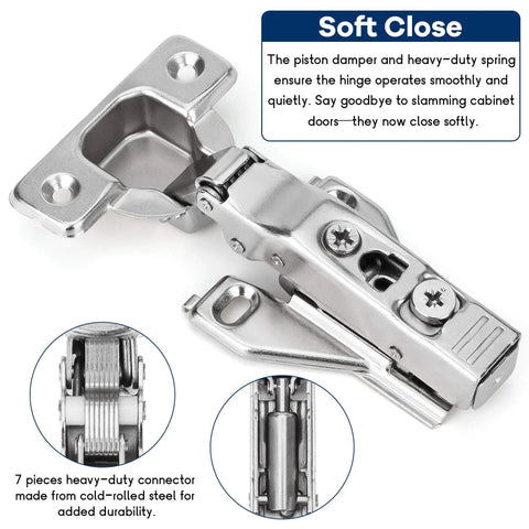 10 Pack Half Inch Overlay Face Frame Soft Close Hidden Cabinet Hinges 105 Degree 3D Adjustable Clip On Plate Concealed Kitchen Cupboard Door Hinges With Screws By ROTESONNE, close-up view showing hinge and damper mechanism.