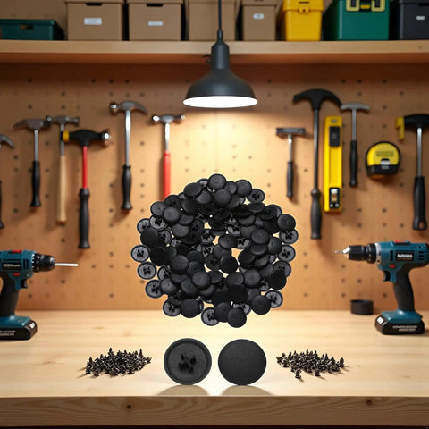 100 Pcs 11mm Screw Cap Covers Assortment Kit with black rubber and plastic caps for Phillips screws on workbench with tools in background