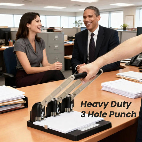 Heavy Duty Three Hole Punch With Labor Saving Handle Punches Up To 150 Sheets In A Single Pass for schools.