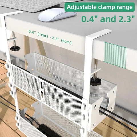 Close-up of Dual Pack Under Desk Cable Management Tray Set with metal clamp mounts, tool-free installation on a white desk.