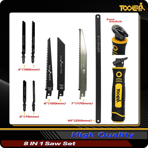 All in One 8 in 1 Multi Blades Hand Saw for Drywall and More with Quick Change Blades and TPR Handle displayed with blades