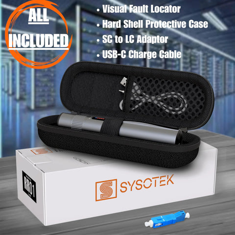 Sysotek Visual Fault Locator fiber optic tool kit with rechargeable VFL pen in a hard-shell case, SC/FC/ST and LC adapters