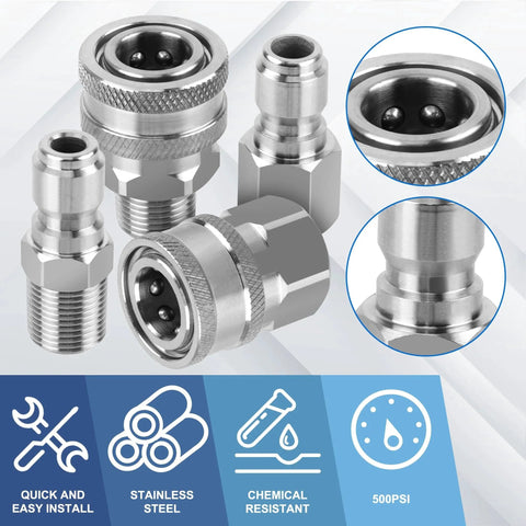 Stainless Steel 3/8 Inch Quick Connect Hose Fittings Set For Pressure Washers, 8-Piece M-F 3/8 NPT Quick Connect Adapter With Teflon Tape