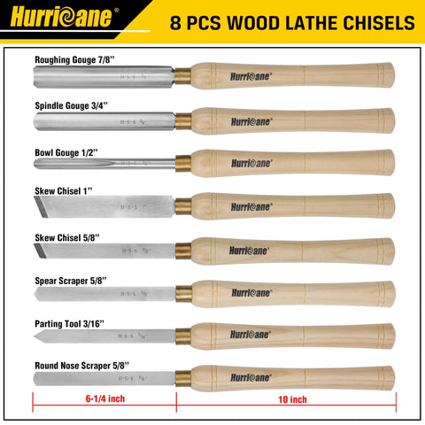 Pro Grade 8 Piece Wood Lathe Chisel Set with wooden handles, displayed with sizes and types, ideal for precision woodworking.