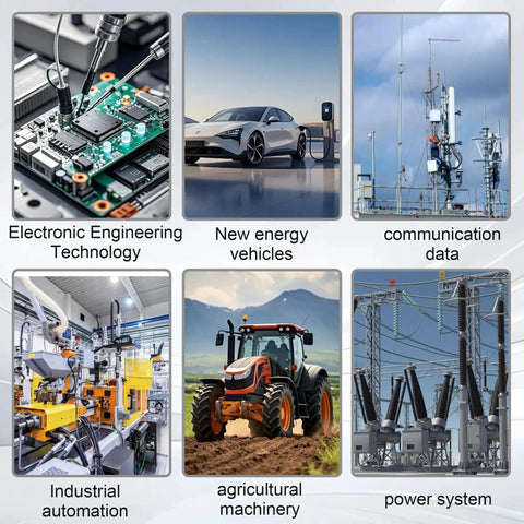 Collage of images showcasing electronic engineering, new energy vehicles, communication data, industrial automation, agriculture, and power systems.