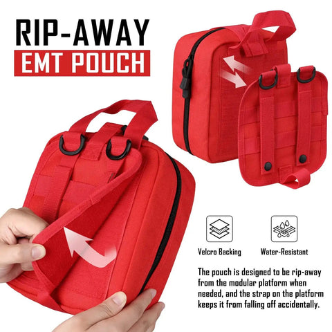 Rugged 1000D Nylon First Aid Bag With Molle Pouches For EMTs And Tactical Missions Rip Away Ifak Pouch in red with Velcro backing.