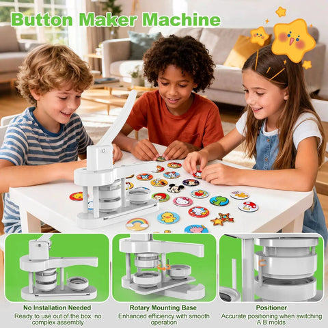 Front view of white 58mm button maker machine with kids making colorful buttons.