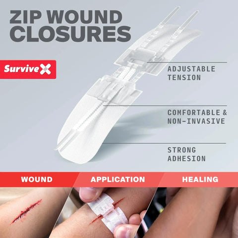 Zip wound closure strips for Compact First Aid Kit For Car, Travel And Home, showing application on a wounded arm.