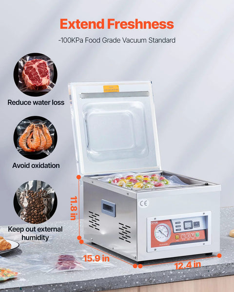 Front view of VEVOR chamber vacuum sealer with lid open, 260W, 10.2 in sealing length.