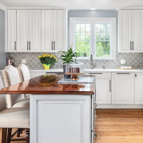 Matte Black Square Cabinet Handles 30 Pack Stainless Steel Pulls For Kitchen And Drawers installed on white kitchen cabinets.