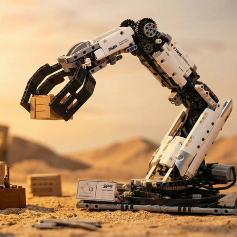 STEM educational remote-control robotic arm building kit; white and black modular arm on base gripping a wooden crate