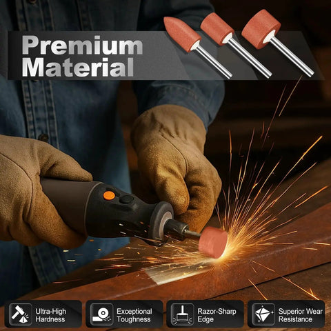 Person using 64Pcs Aluminum Oxide Sanding Bits Set for Rotary Tools One Eighth Inch Shank Dremel Compatible Grinding Stones on metal surface