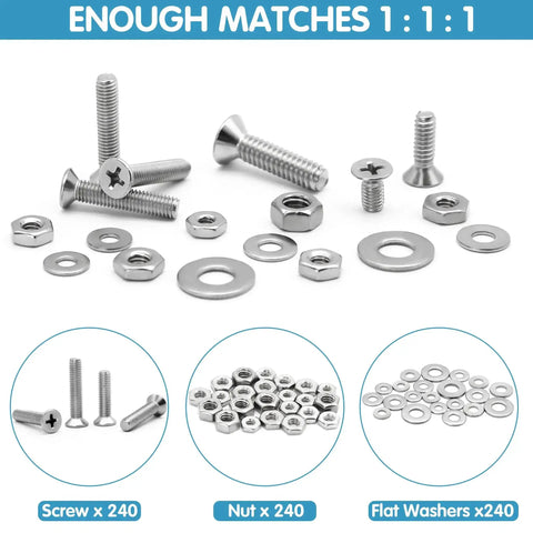 720 Piece Stainless Steel Nuts And Bolts Assortment Kit With 16 SAE Sizes, Phillips Flat Head Machine Screws, Nuts, Washers