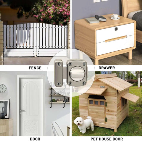 Gate latch and sliding bolt lock for cabinets, sheds, and storage boxes, double sided rotating hardware in brushed zinc alloy finish